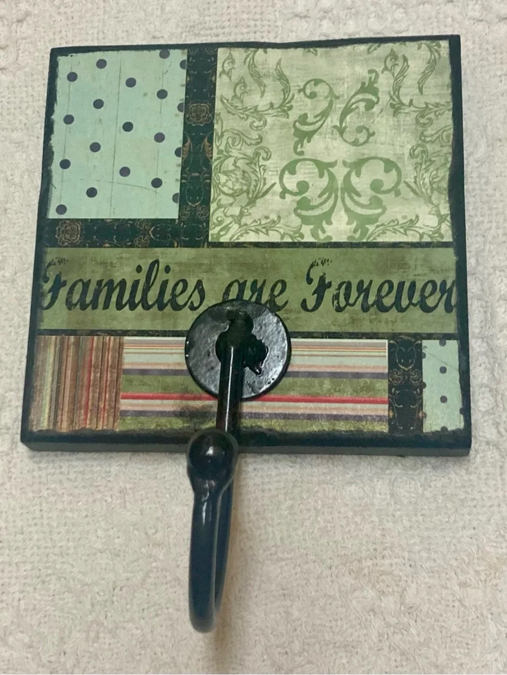 Set of 3 Patchwork Decorative Wall Hooks - Green, Cream & Coral Each 5x5x3/4”